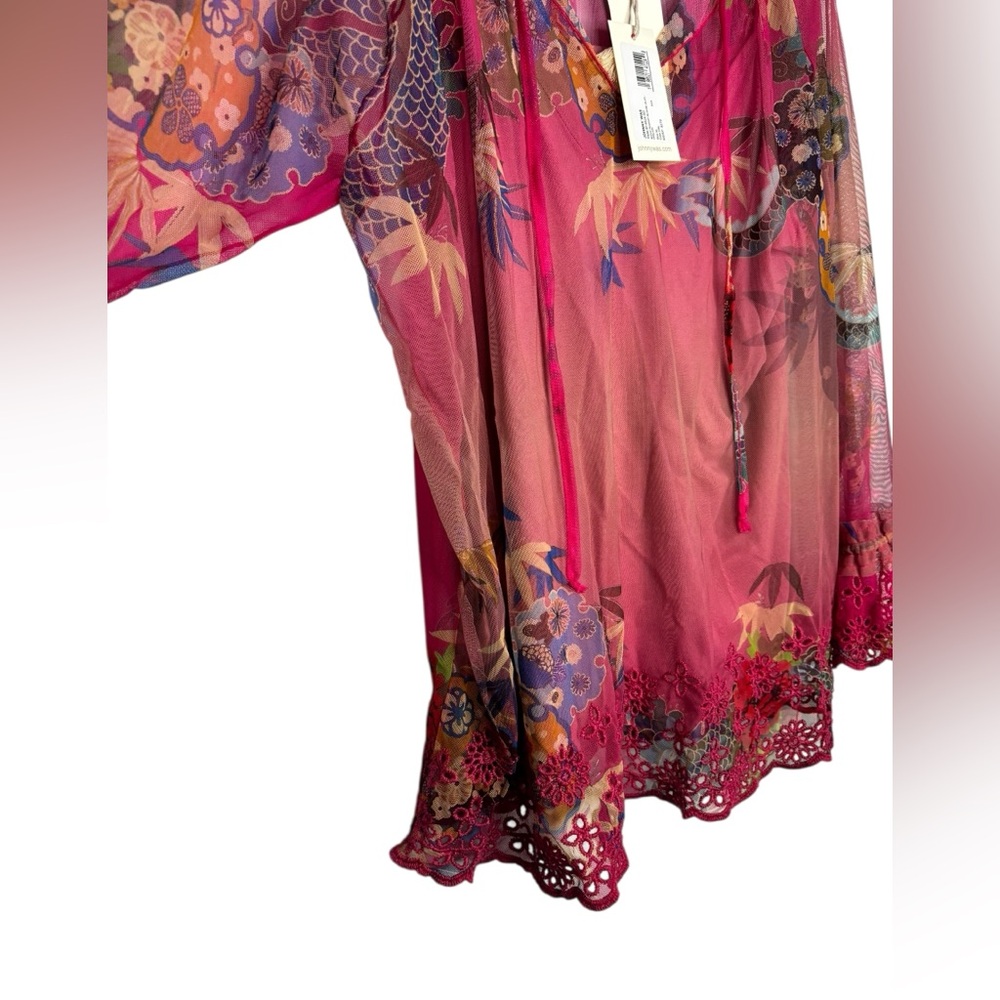 NEW Johnny Was BIYA Mazzy Floral Print Embroidered Mesh Split V-Neck Blouse XL - Picture 6 of 13
